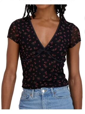 Aeropostale Black Floral Crop Top Mesh V-neck Medium